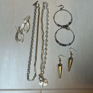 Chan Luu beaded hoops, Alexis Bittar gold earrings, necklaces